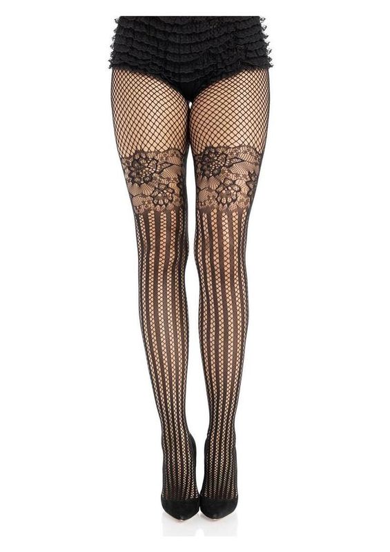 Leg Avenue Illusion Lace Top Net Striped Tights - O/S - Black