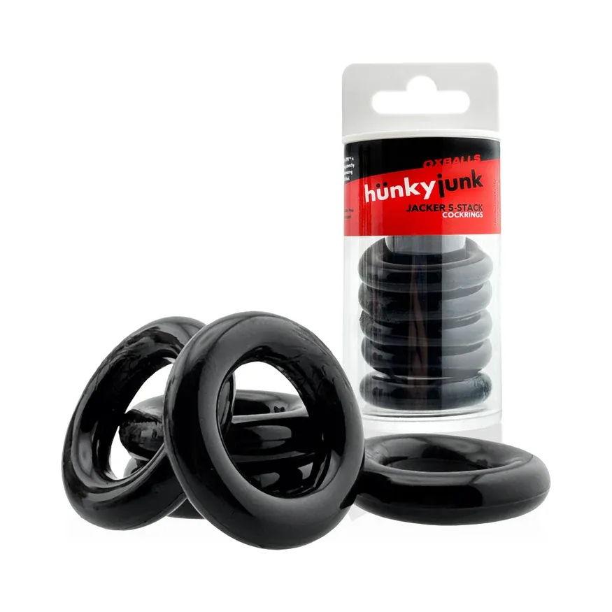 Hunkyjunk Jacker 5-Stack Five-Pack Tube Super-Strong Cockrings Black, Color: Black