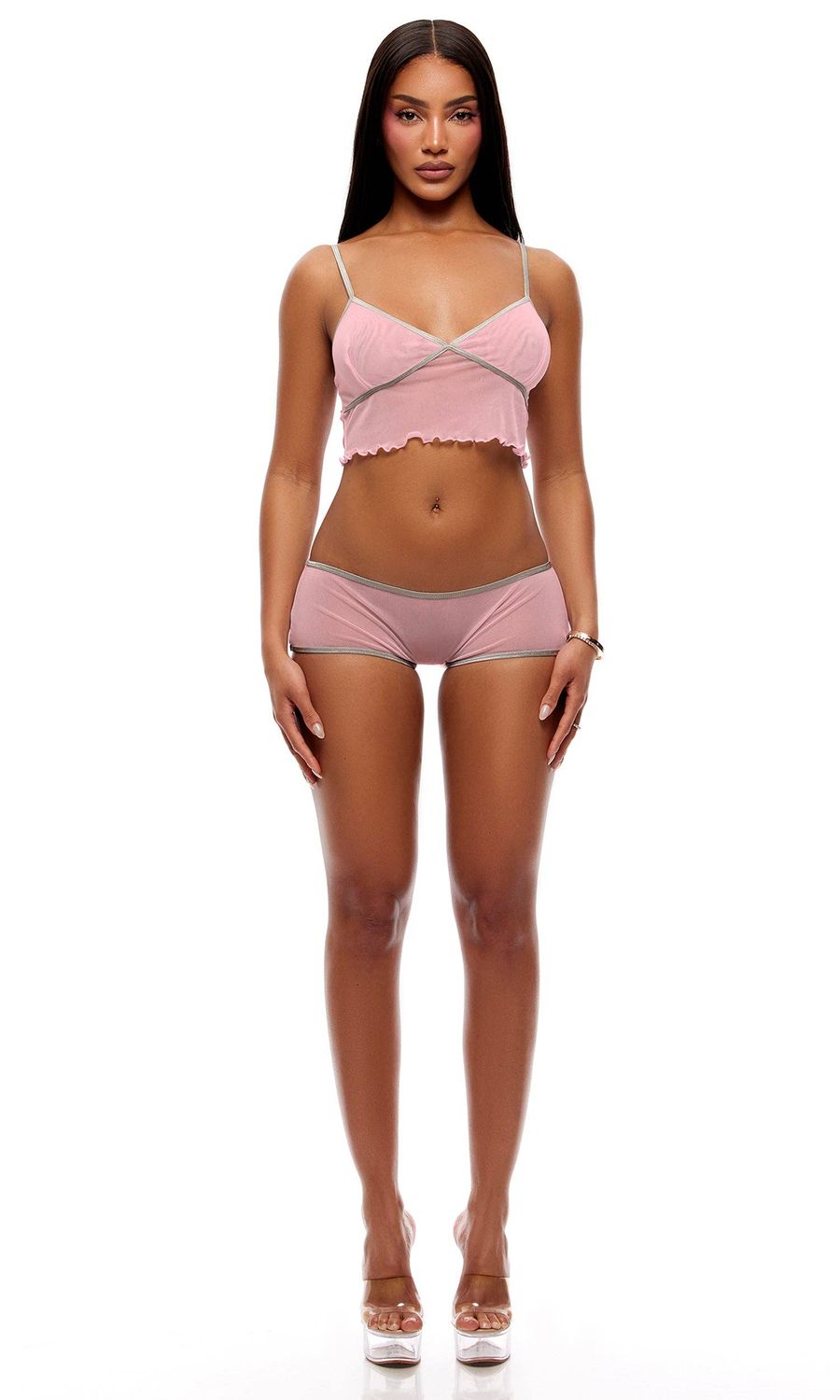 Home Body 2-Piece Sheer Mesh Cami and Boyshorts Set - Pink