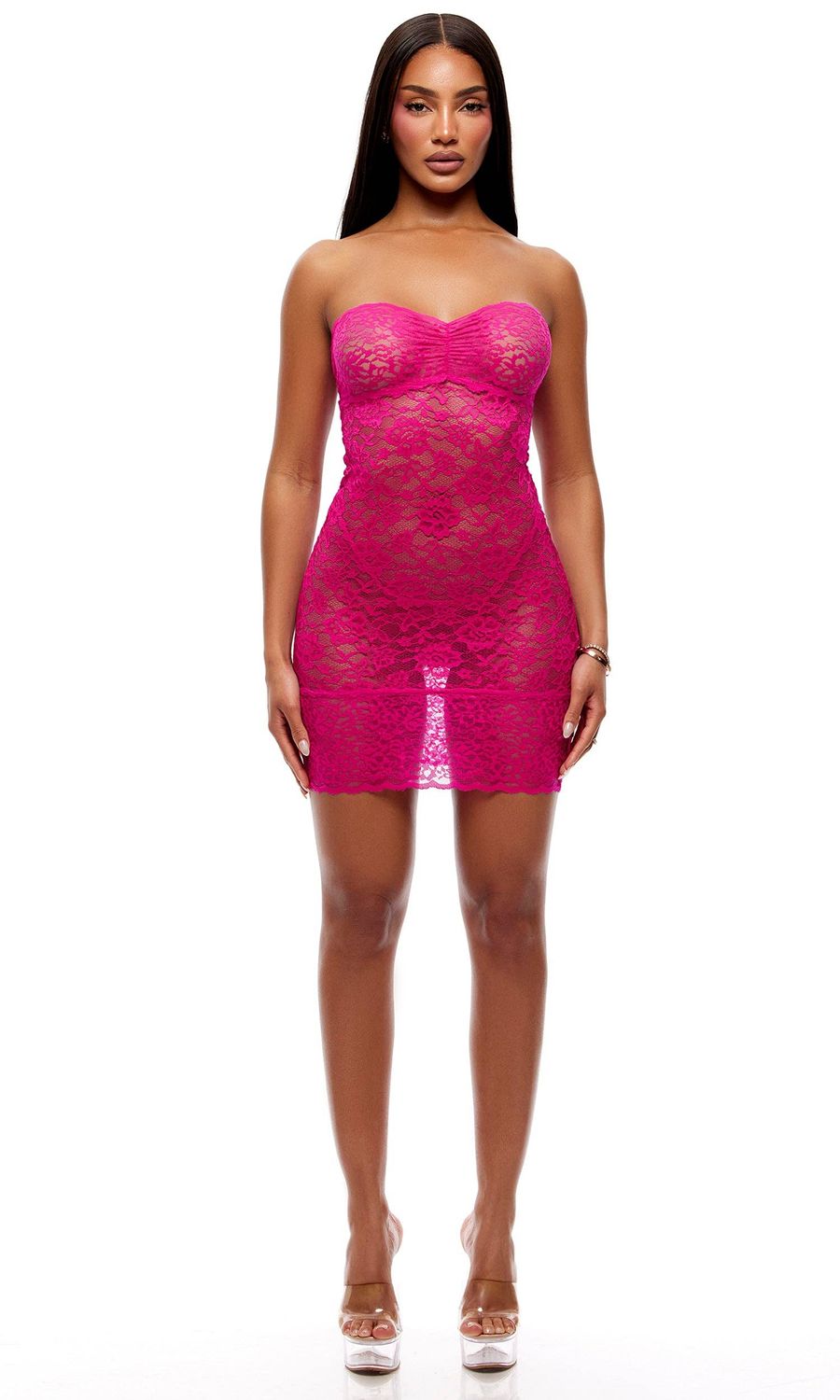 Close Contact 2-Piece Stretch Lace Mini Dress Set - Fuchsia