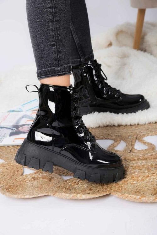 Lace Up Chunky Patent Ankle Boots in Black
