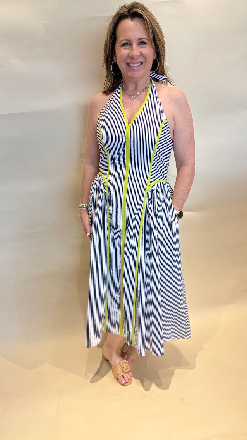 STRIPED TIE NECK MIDI