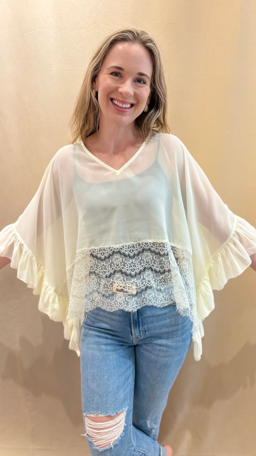 RUFFLED SHEER CHIFFON AND LACE, Color: IVORY, Size: SM