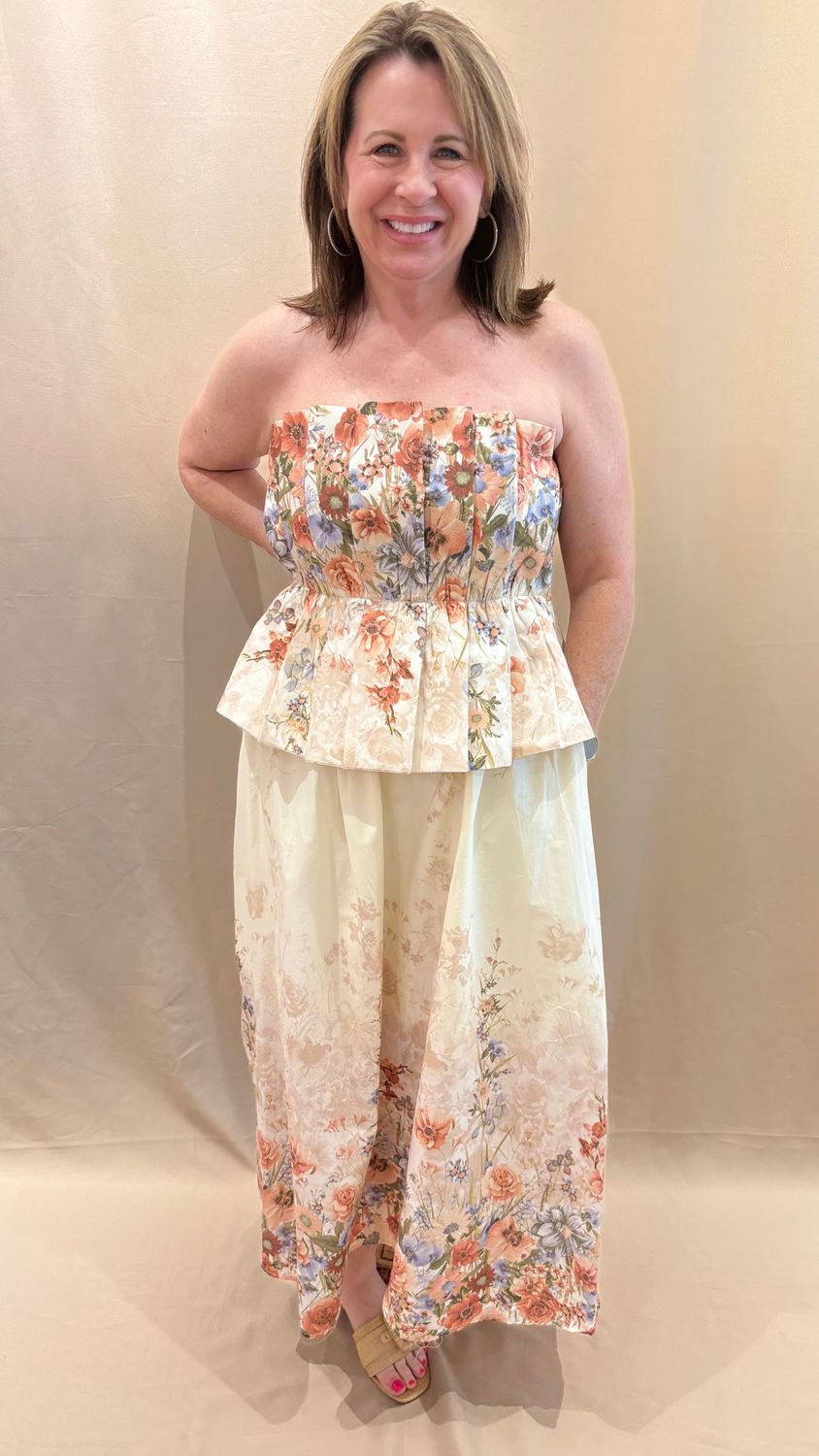 STRAPLESS FLORAL MIDI