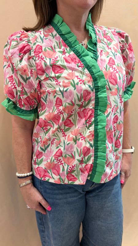 GREEN TRIM FLORAL PUFF SLV