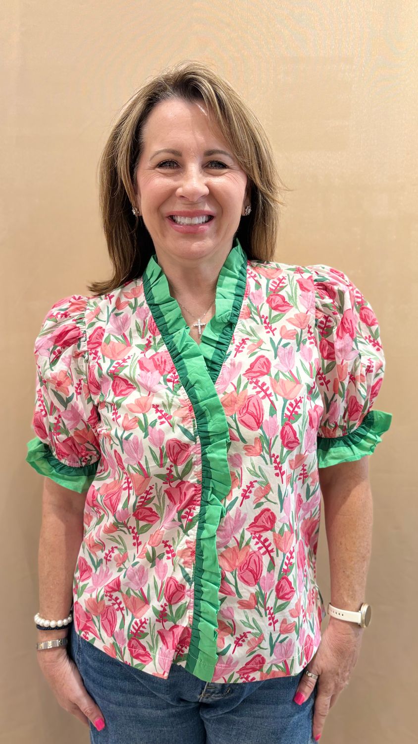 GREEN TRIM FLORAL PUFF SLV