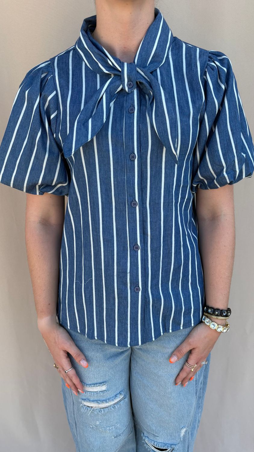 STRIPED DENIM BALLOON SLV
