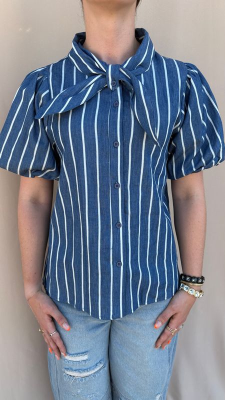 STRIPED DENIM BALLOON SLV