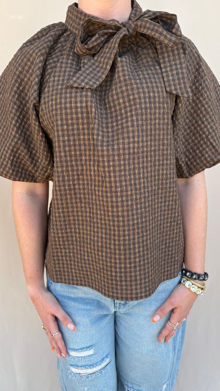 PUFF SLV TEXTURED TIE TOP