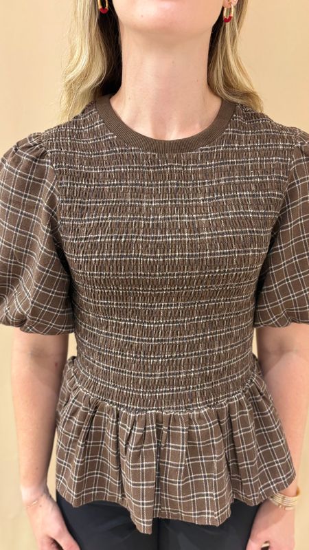 SHORT PUFF SLV PLAID PEPLUM