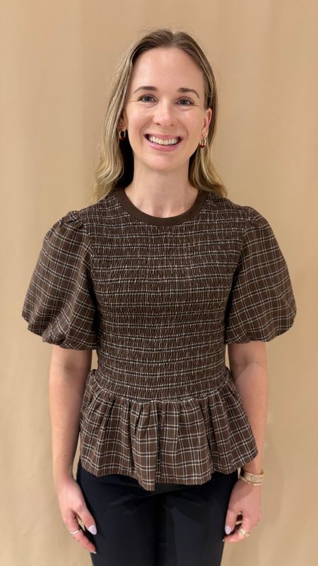 SHORT PUFF SLV PLAID PEPLUM