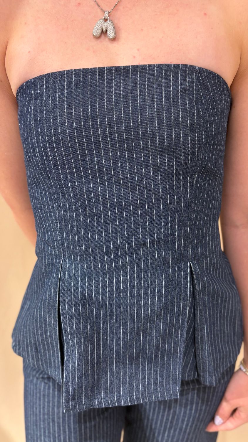 PIN STRIPE DENIM STRAPLESS TOP