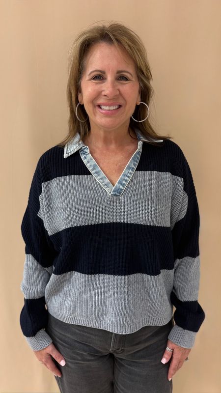 STRIPED SWEATER W DENIM COLLAR