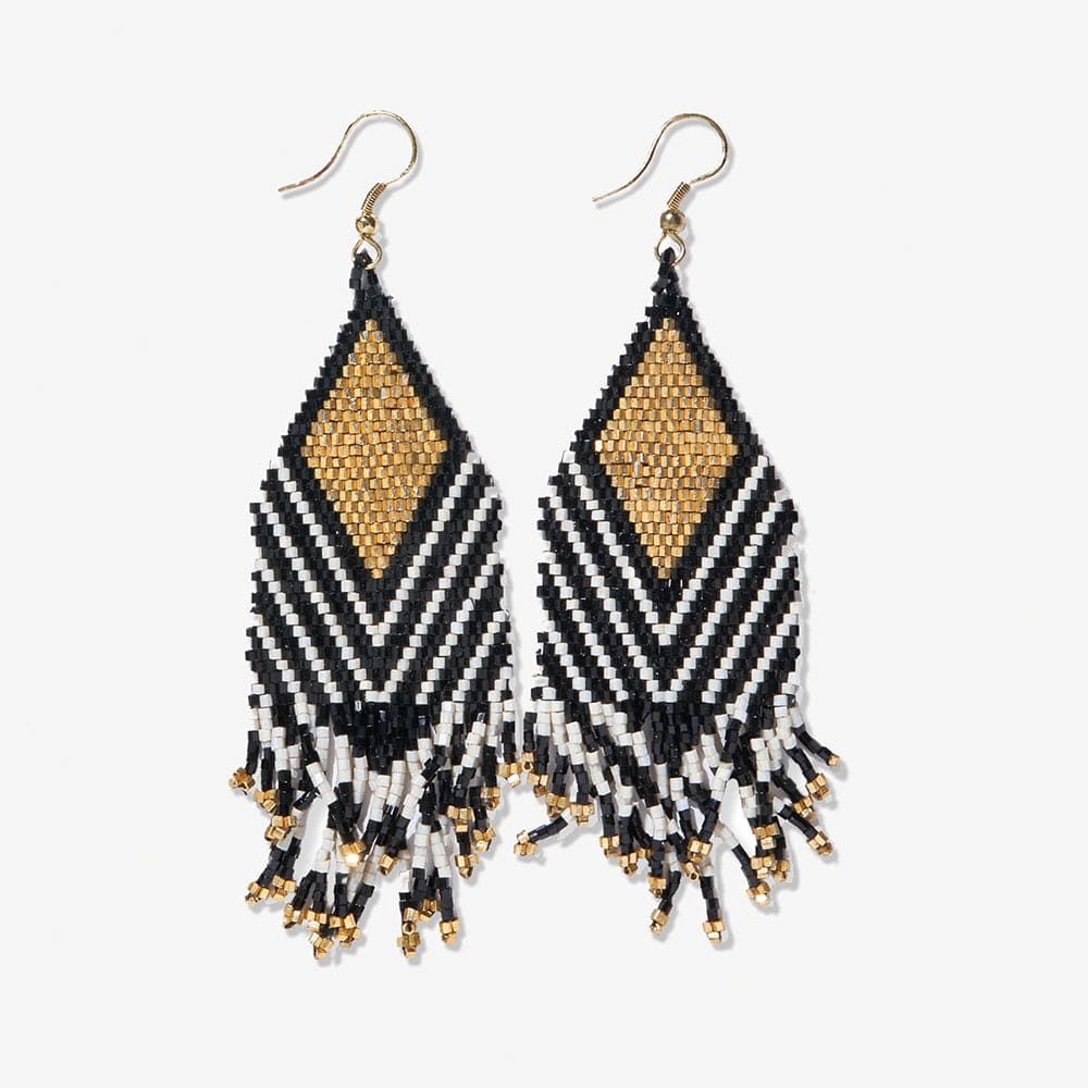 Earrings - Dangle: I+A Beaded Diamond Angle Fringe, Black/White/Gold