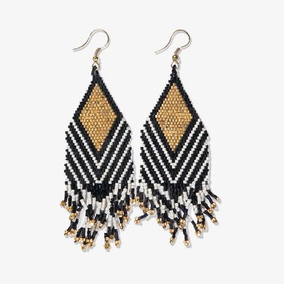Earrings - Dangle: I+A Beaded Diamond Angle Fringe, Black/White/Gold