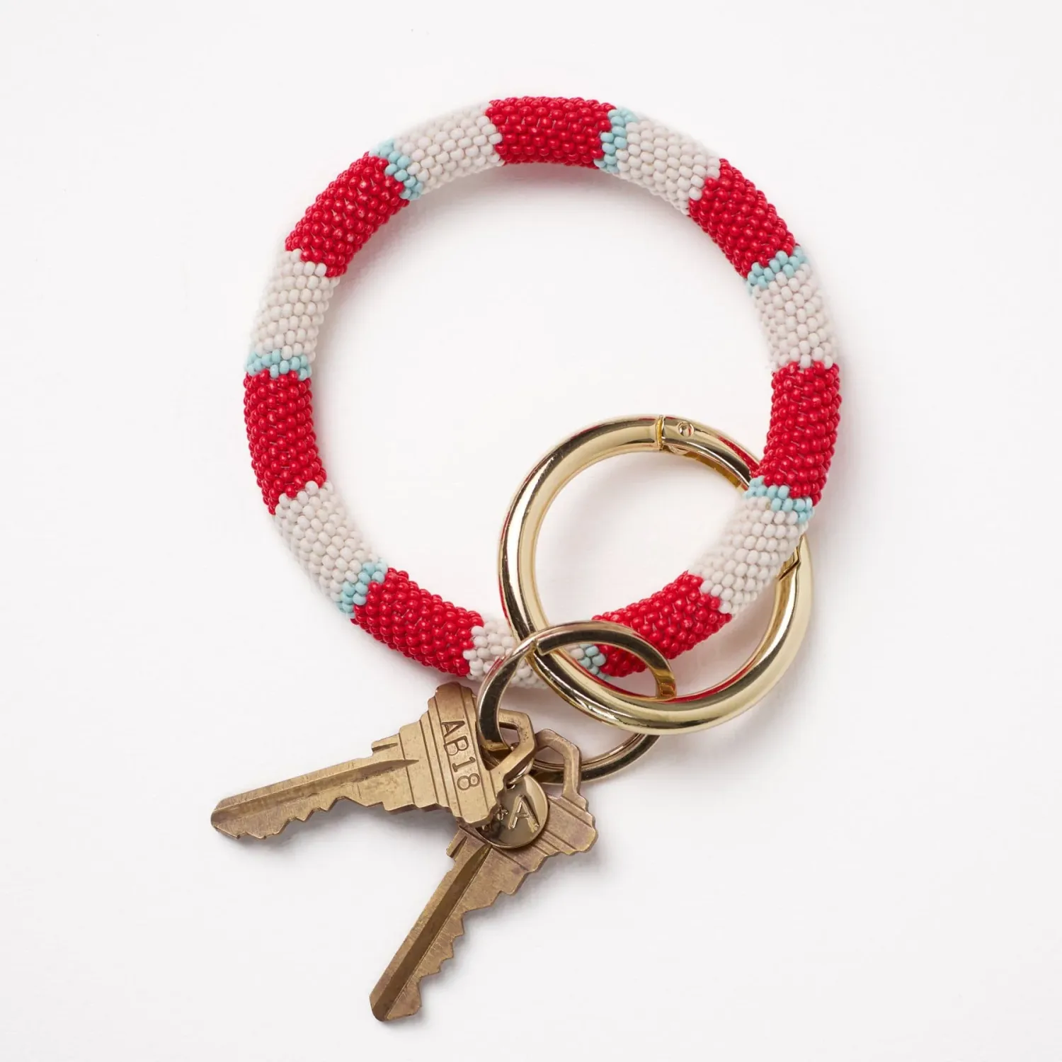 Key Ring - Beaded Bracelet: Red, Ivory, Blue