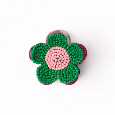 Hair Claw - Beaded Flower: Kelly Green and Pink