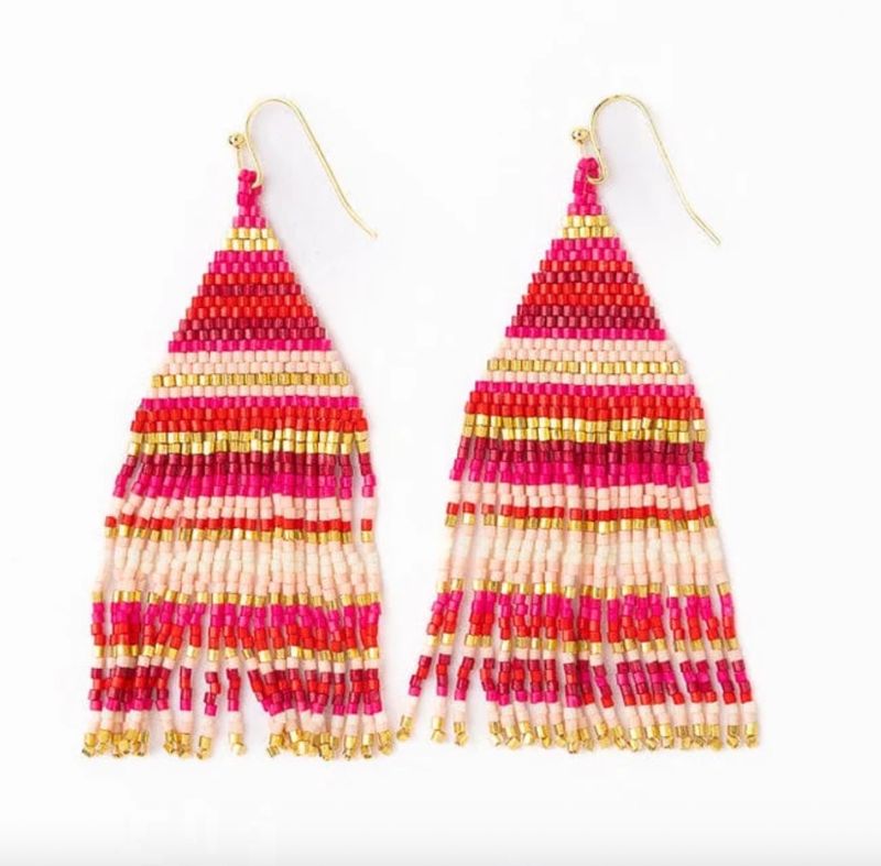 Earrings - Triangle Beaded: Lexie Stripe Hot Pink
