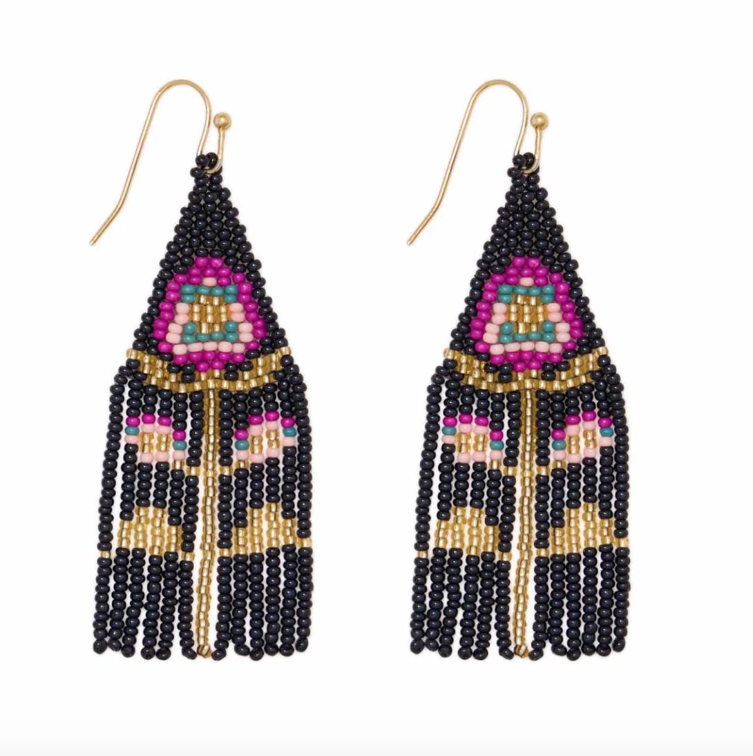 Earrings - Beaded Triangle: Audrey Poppy Flower Black