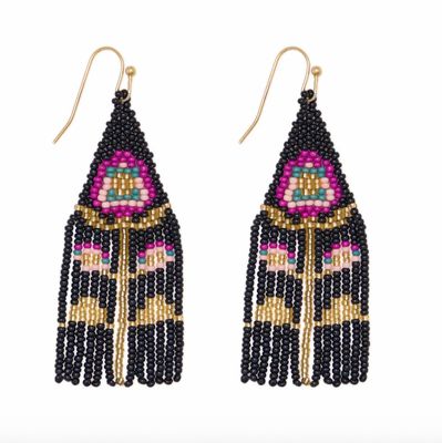 Earrings - Beaded Triangle: Audrey Poppy Flower Black