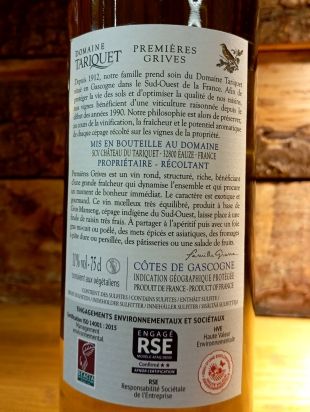 DOMAINE TARIQUET Côtes De Gascogne PREMIERES GRIVES