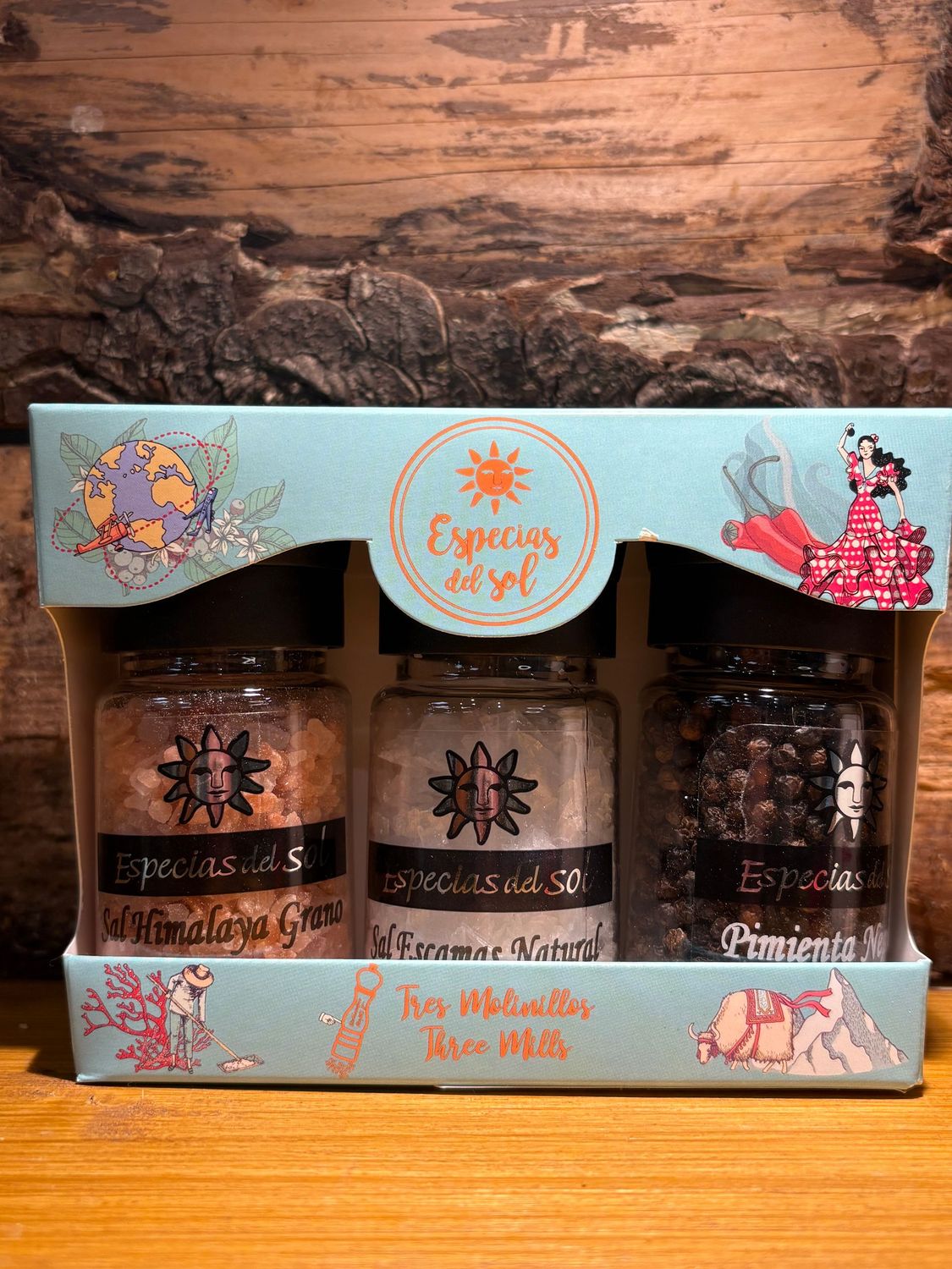 Coffret de trois moulins à sel/sel d'Himalaya/ poivre