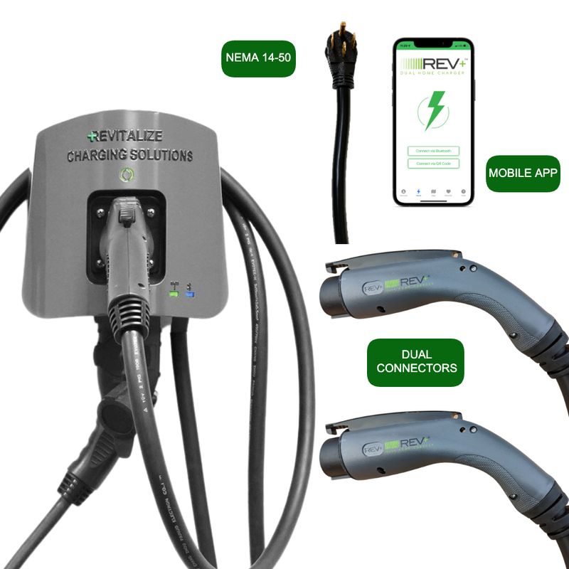REV+ Dual-Port, Level 2, Electric Vehicle Smart Charger, 50 Amps, WiFi/Bluetooth, UL Listed, Mobile App Integration - NEMA 14-50 Plug (2 Feet)