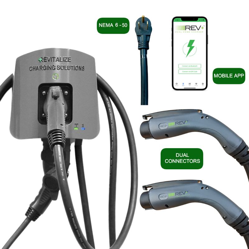 REV+ Dual-Port, Level 2, Electric Vehicle Smart Charger, 50 Amps, WiFi/Bluetooth, UL Listed, Mobile App Integration - NEMA 6-50 Plug (2 Feet)
