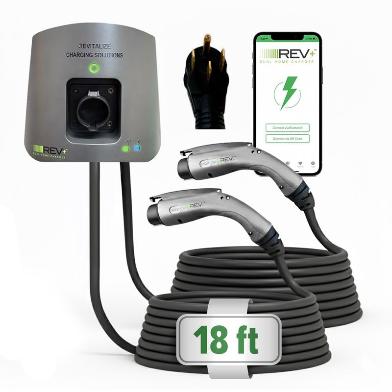 REV+ Dual-Port, Level 2, Electric Vehicle Smart Charger, 50 Amps, WiFi/Bluetooth, UL Listed, Mobile App Integration - NEMA 14-50 Plug (2 Feet)