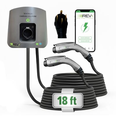 REV+ Dual-Port, Level 2, Electric Vehicle Smart Charger, 50 Amps, WiFi/Bluetooth, UL Listed, Mobile App Integration - NEMA 14-50 Plug (2 Feet)