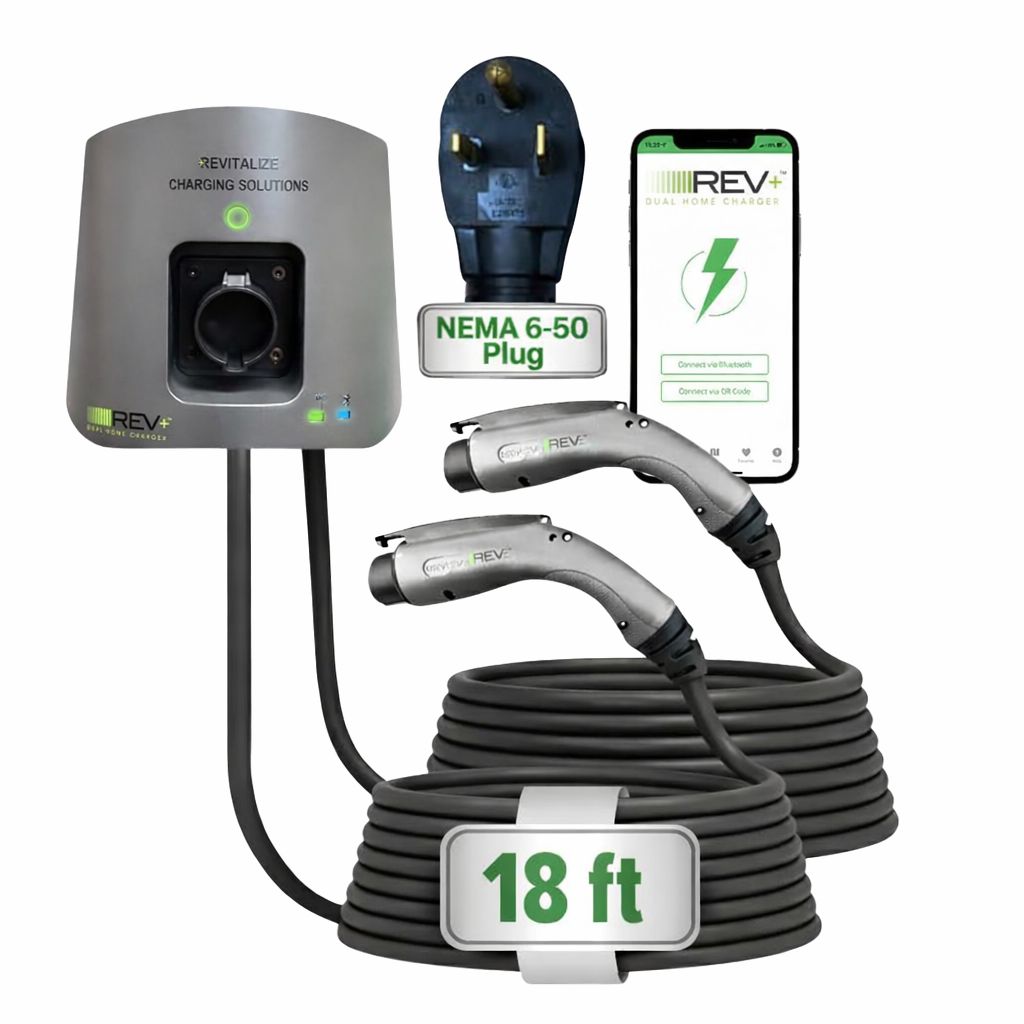 REV+ Dual-Port, Level 2, Electric Vehicle Smart Charger, 50 Amps, WiFi/Bluetooth, UL Listed, Mobile App Integration - NEMA 6-50 Plug (2 Feet)