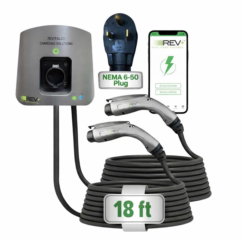 REV+ Dual-Port, Level 2, Electric Vehicle Smart Charger, 50 Amps, WiFi/Bluetooth, UL Listed, Mobile App Integration - NEMA 6-50 Plug (2 Feet)
