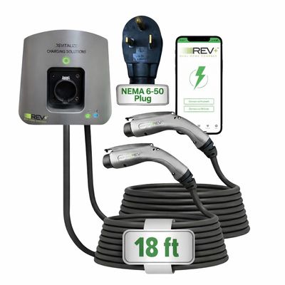REV+ Dual-Port, Level 2, Electric Vehicle Smart Charger, 50 Amps, WiFi/Bluetooth, UL Listed, Mobile App Integration - NEMA 6-50 Plug (2 Feet)