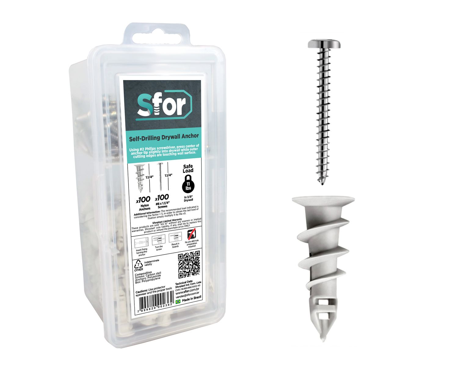 Pack of 200-100 Anchors + 100 Screws - SFOR - #8 Self Drilling Drywall Nylon Anchors with Screws