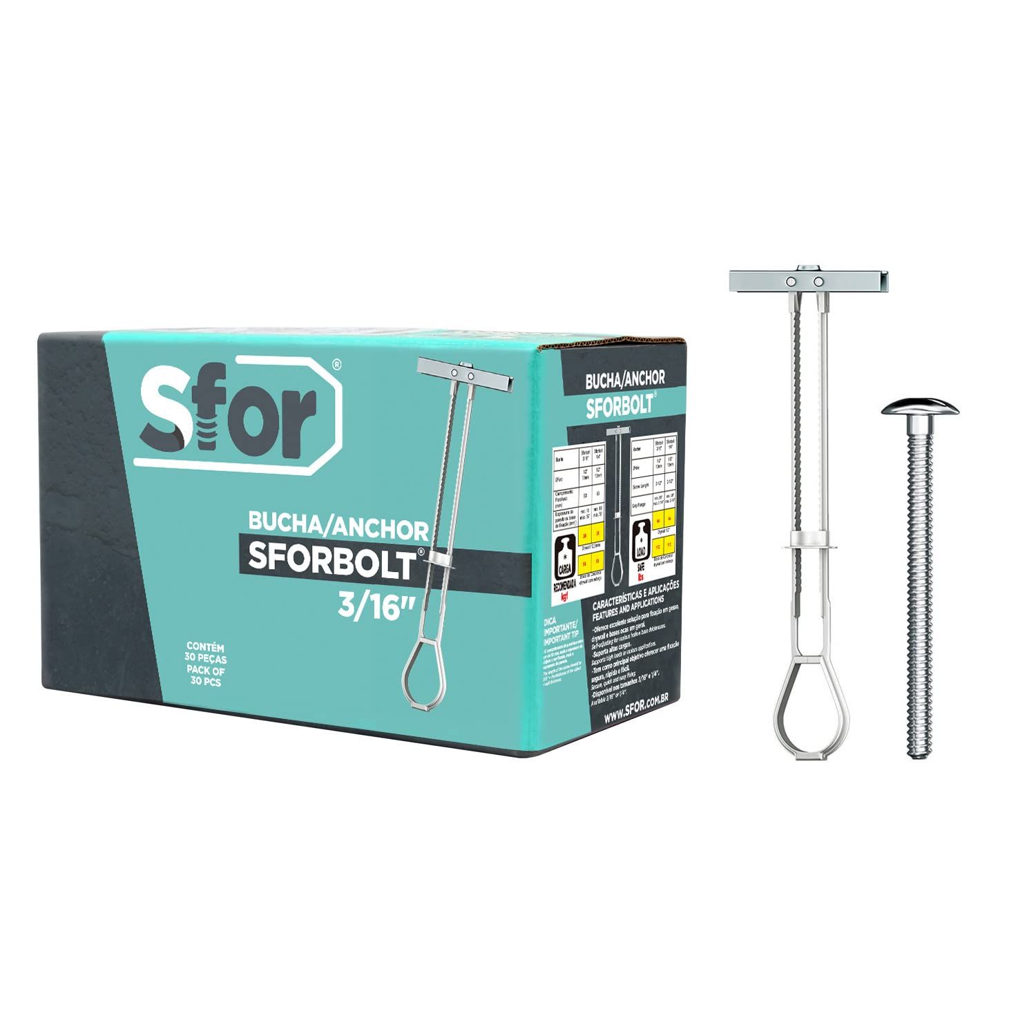 Pack of 60 - 3/16 Drywall Anchors with Bolts - SFOR