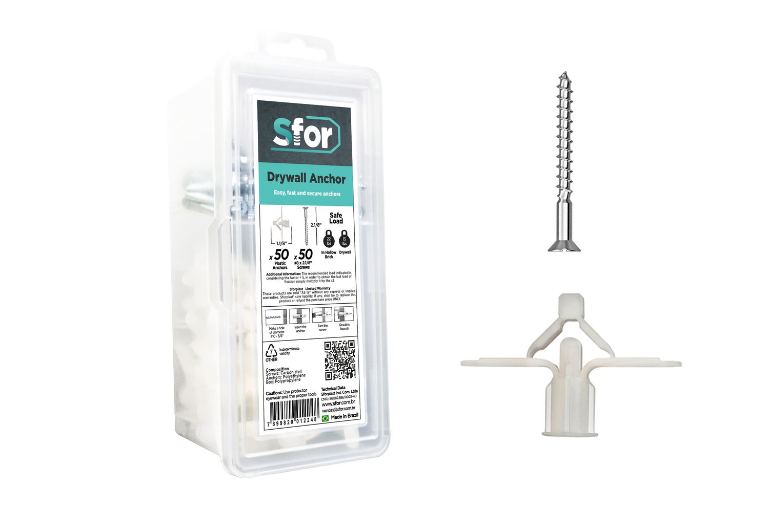 Pack of 100#8 Drywall Anchors - 50 Anchors + 50 Screws - SFOR