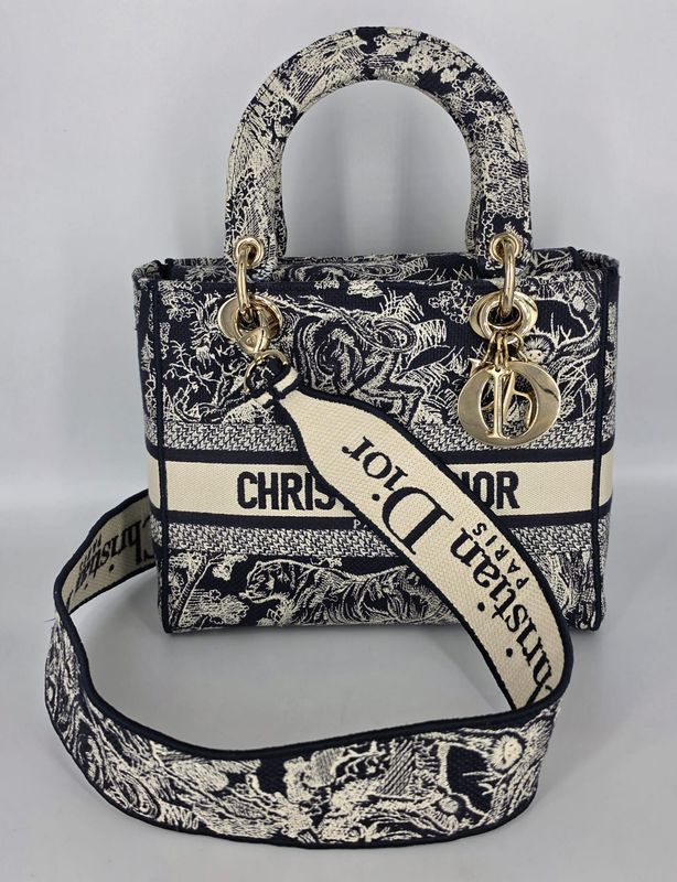 Dior Lady Dior Tasche "Toile de Jouy" klein aus Segeltuch in blau & ecru