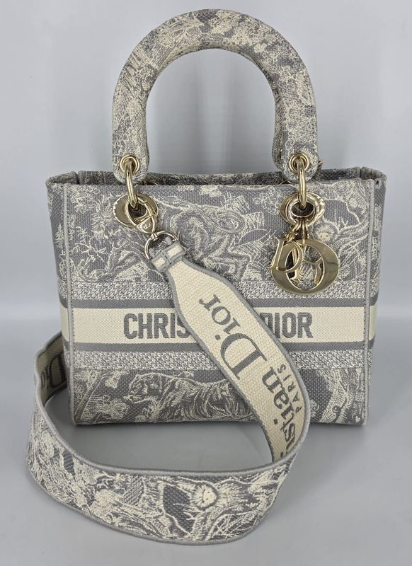 Dior Lady Dior Tasche "Toile de Jouy" klein aus Segeltuch in blau & ecru