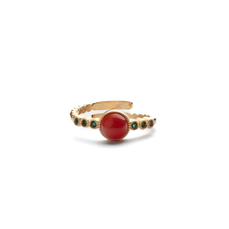 Anello regolabile in oro placcato con Corallo Rosso e pietre verdi