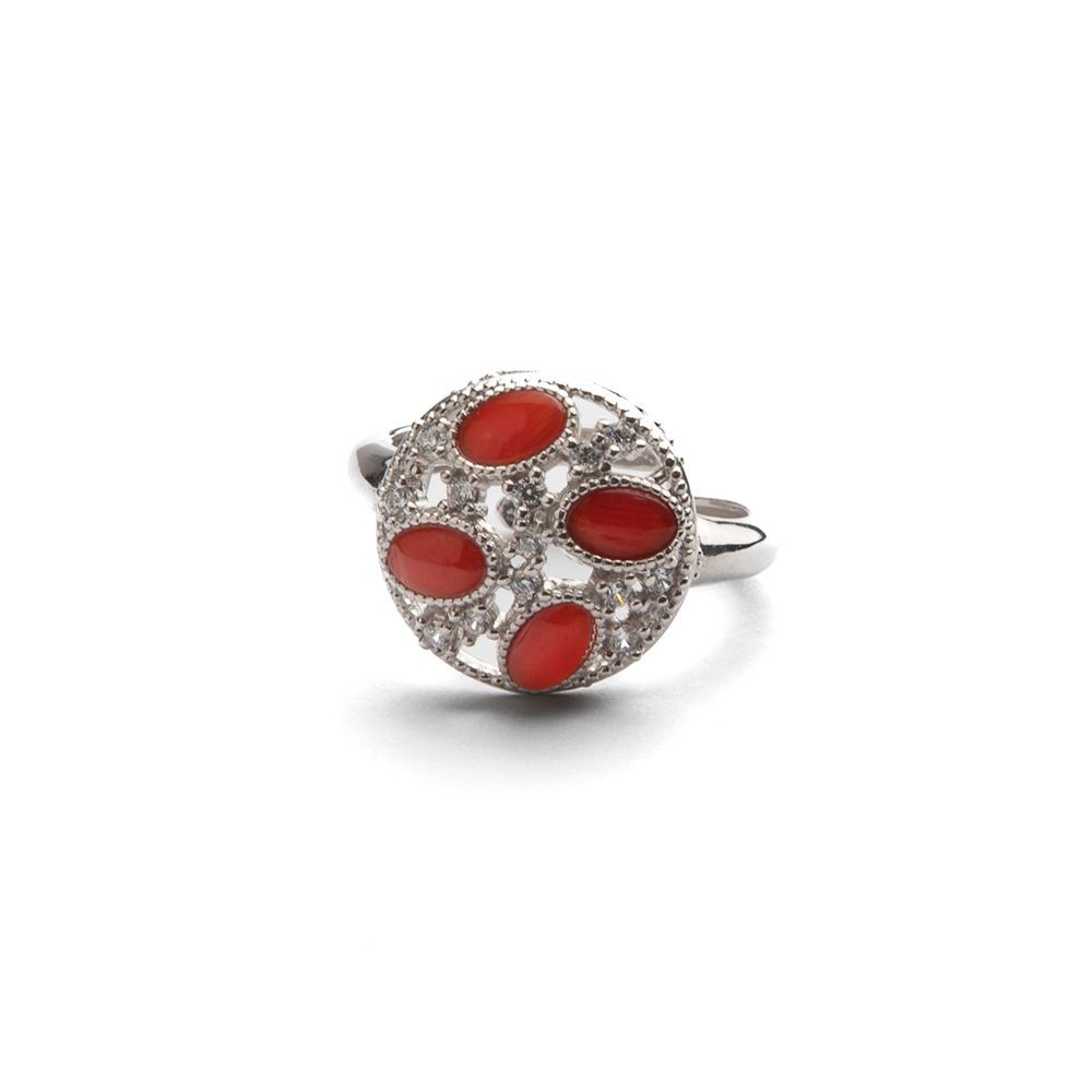 Anello regolabile in argento con Corallo Rosso – Design traforato luminoso
