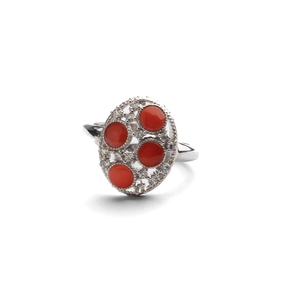Anello regolabile con corallo rosso e zirconi – finitura argento