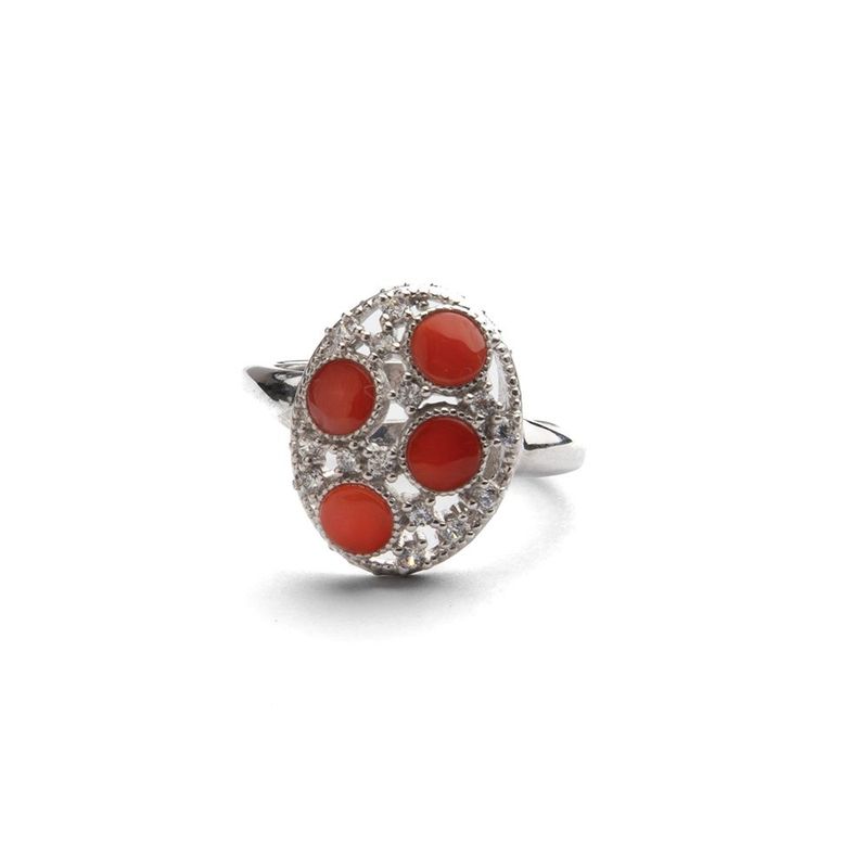 Anello regolabile con corallo rosso e zirconi – finitura argento