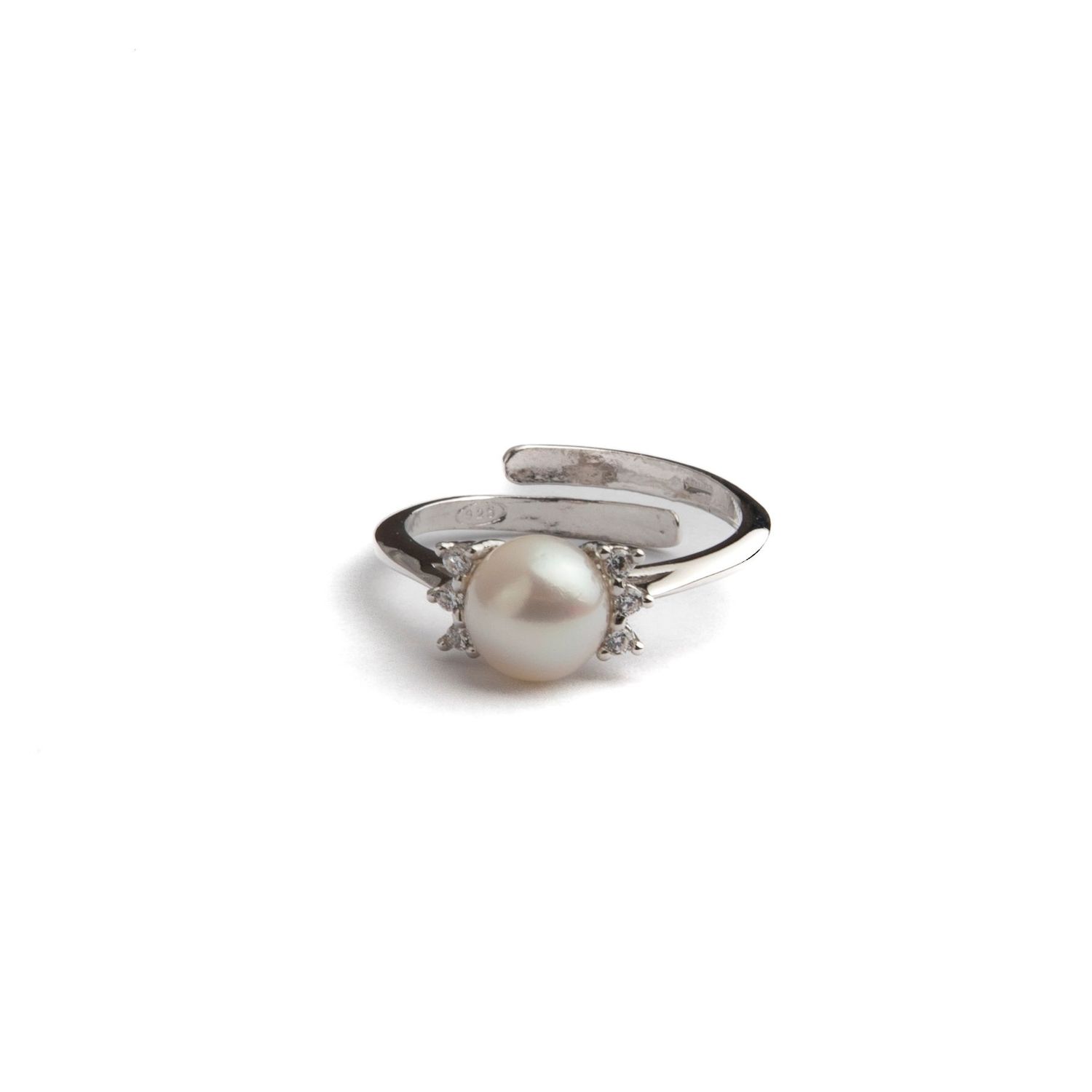 Anello regolabile con perla centrale e zirconi – finitura argento