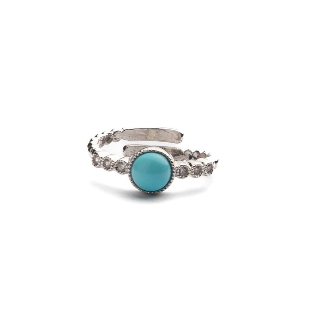 Anello regolabile con pietra turchese e dettagli luminosi – finitura argento
