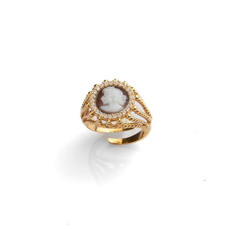 Anello regolabile con cammeo e zirconi – finitura placcata oro