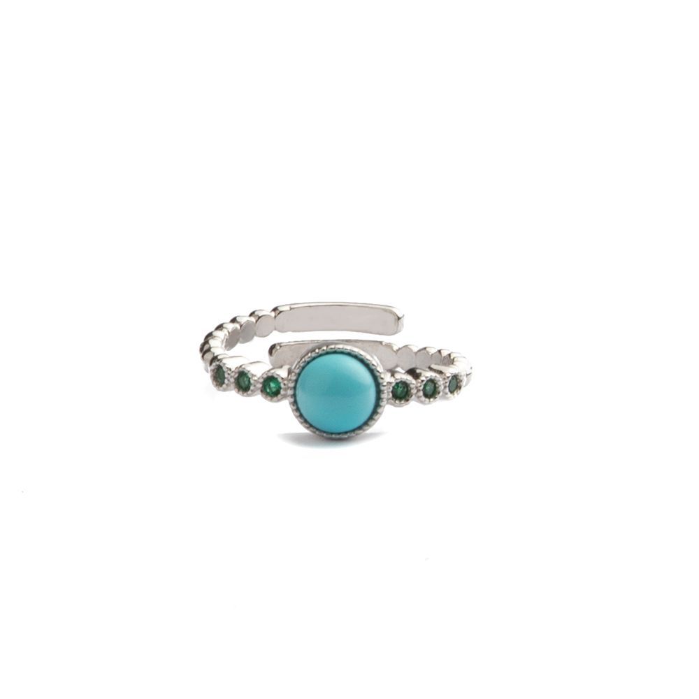 Anello regolabile con cabochon turchese e pietre verdi – finitura argento