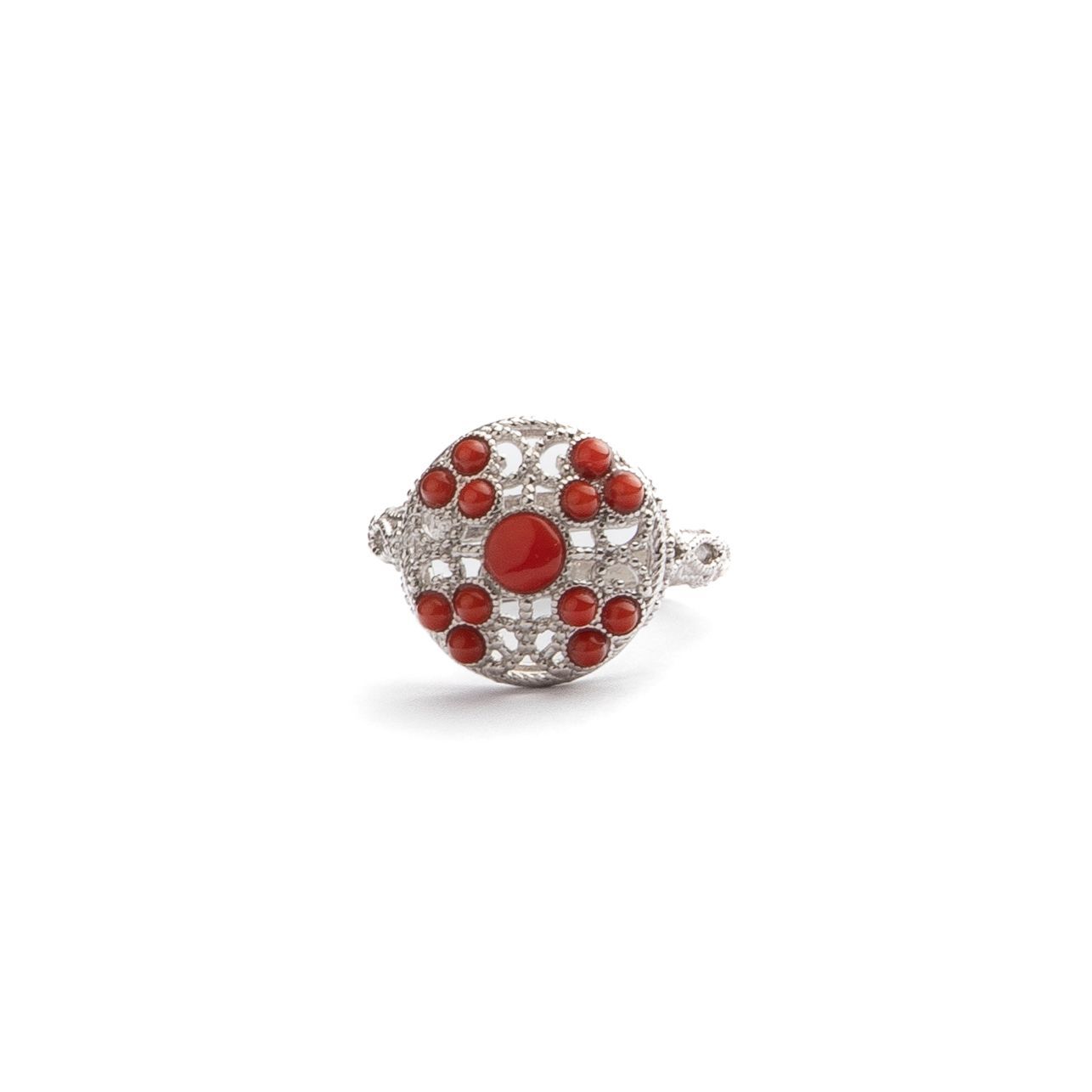 Anello regolabile con corallo rosso e design floreale – finitura argento