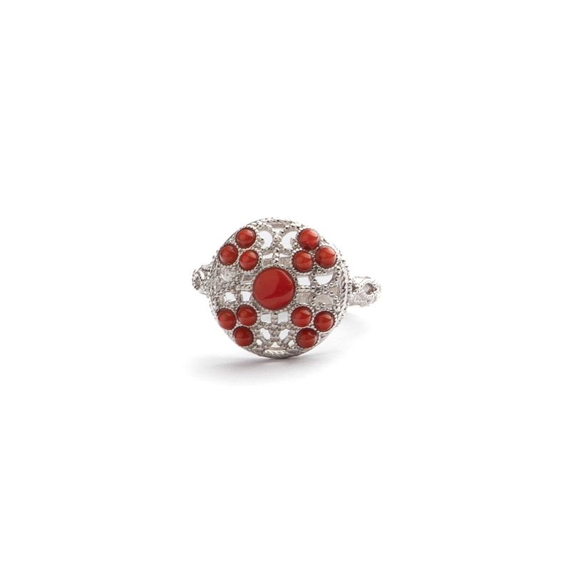 Anello regolabile con corallo rosso e design floreale – finitura argento