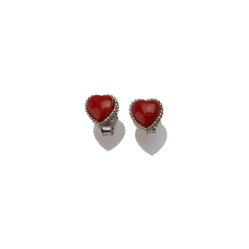 Orecchini a clip cuore rosso in corallo – finitura argento