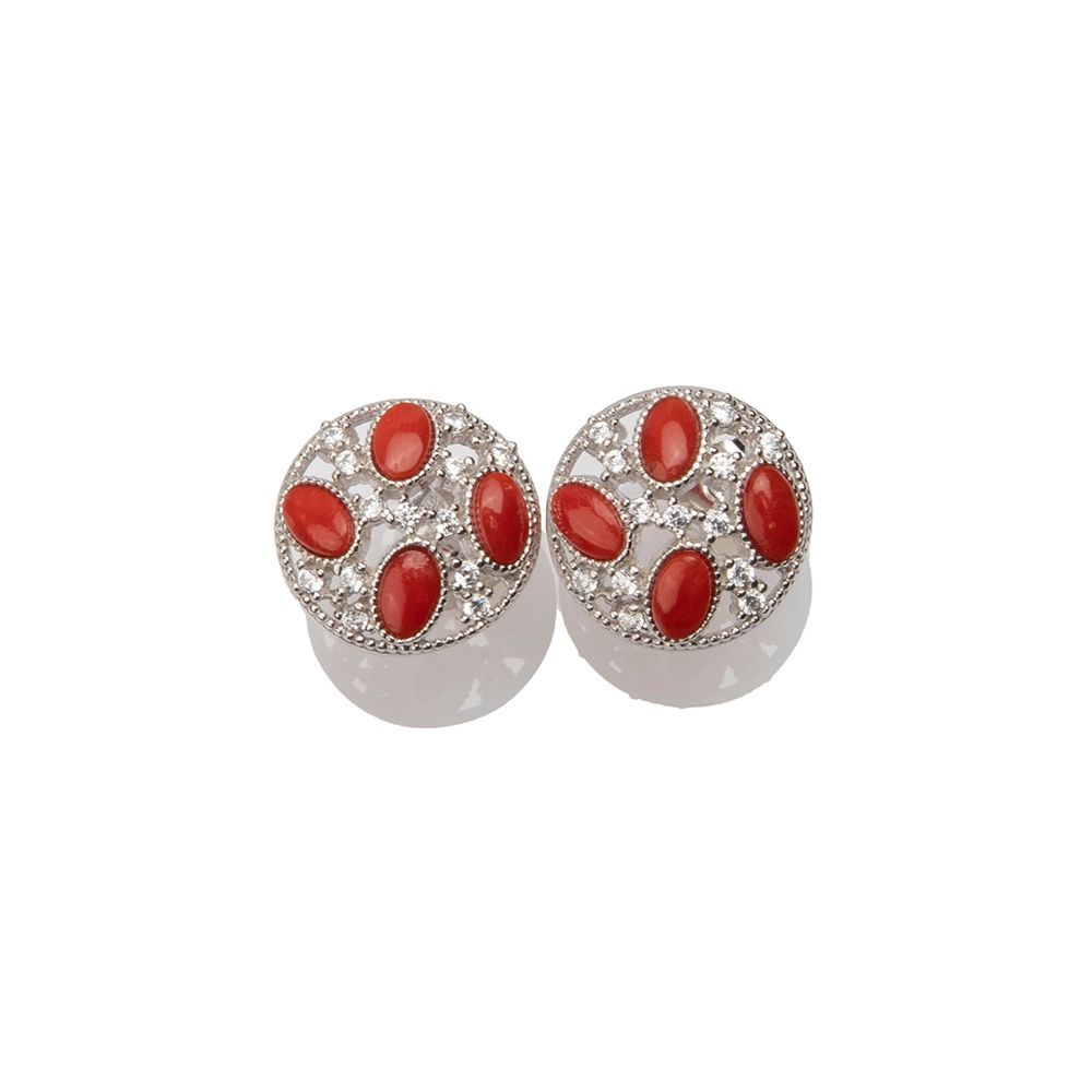Orecchini tondi in argento 925 con corallo rosso e zirconi